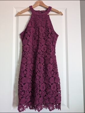 Lulus Magenta Floral Guipure Lace Halter Mini Dress - Berry Pink - Small